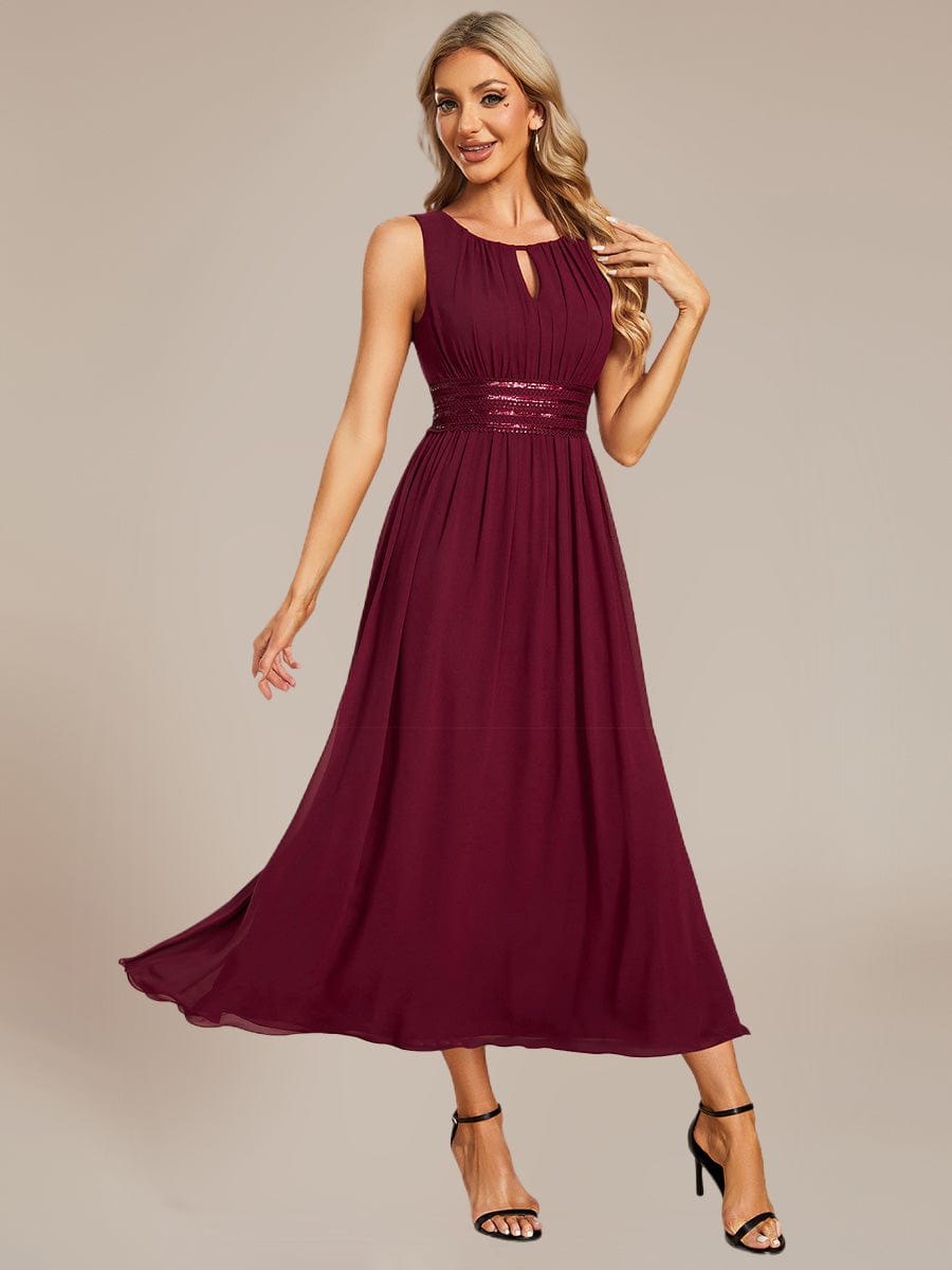 Ruched Chiffon Cutout Sleeveless Dress #color_Burgundy