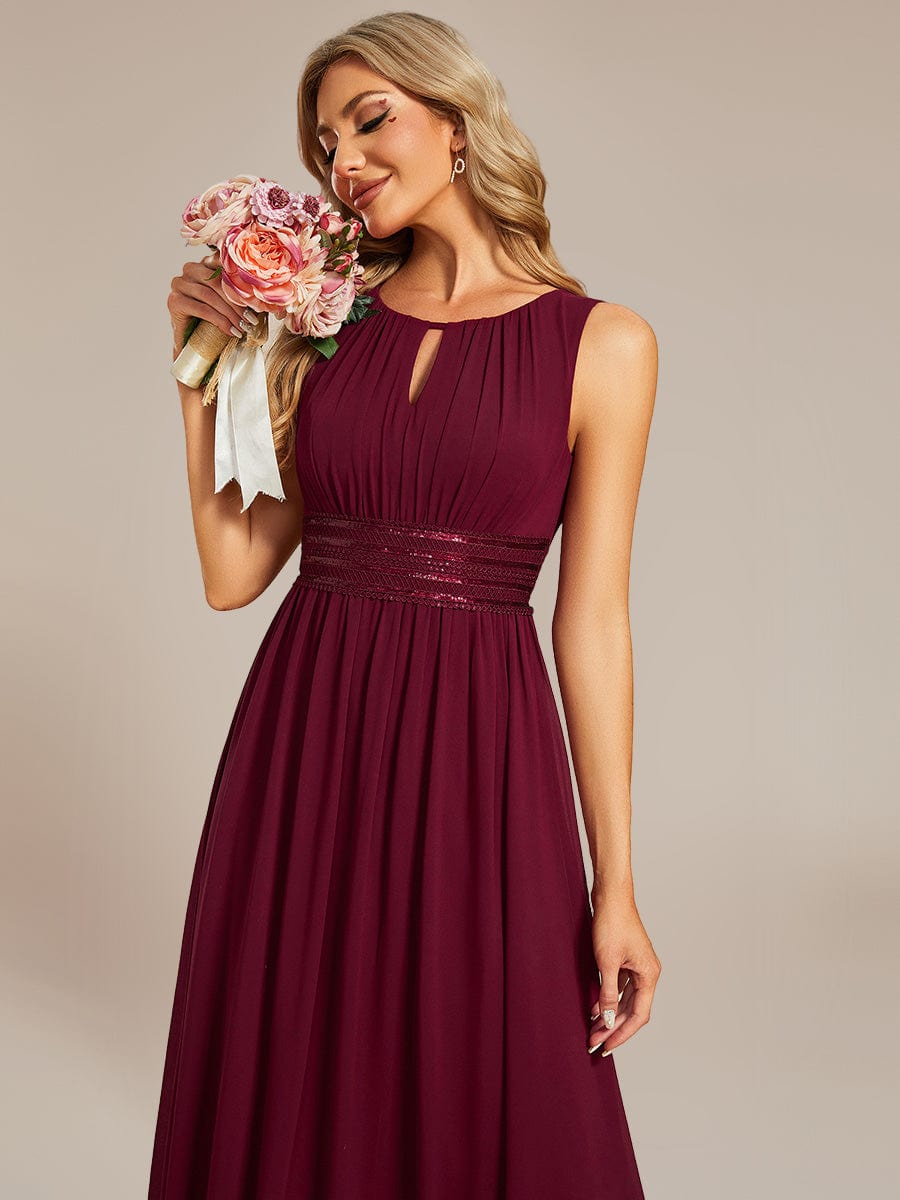 Ruched Chiffon Cutout Sleeveless Dress #color_Burgundy