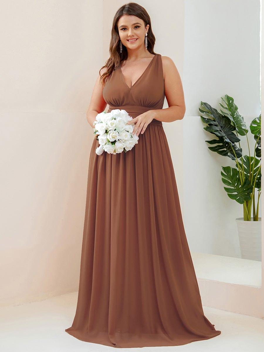 Custom Size Chiffon Sleeveless V-Neck Maxi Bridesmaid Dress #color_Brown