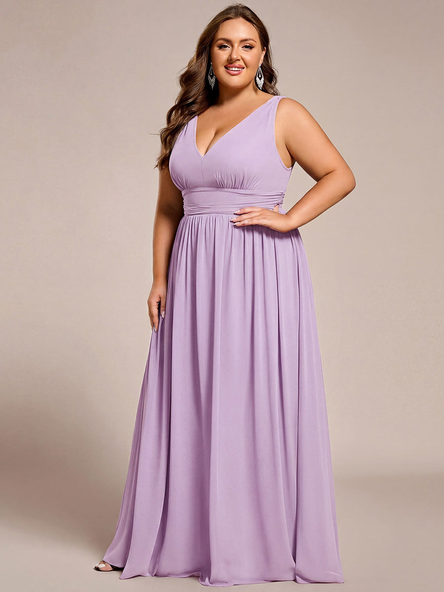 Chiffon Empire Waist Sleeveless Pleated V-neck Bridesmaid Dress #color_Frosted Lilac