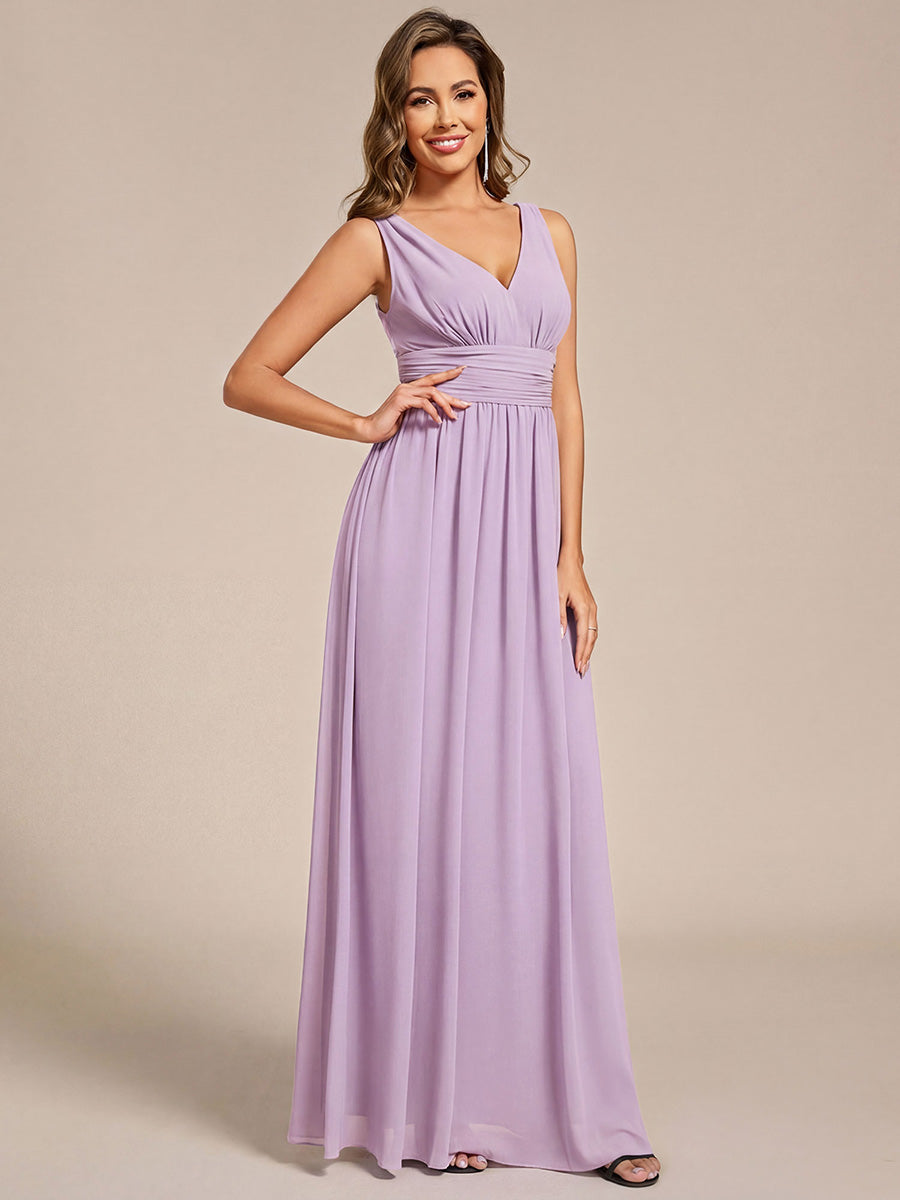 Chiffon Empire Waist Sleeveless Pleated V-neck Bridesmaid Dress #color_Frosted Lilac