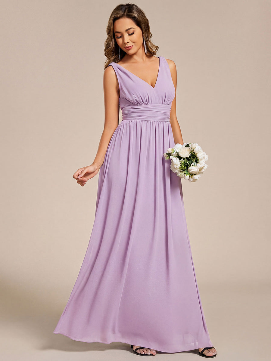 Chiffon Empire Waist Sleeveless Pleated V-neck Bridesmaid Dress #color_Frosted Lilac