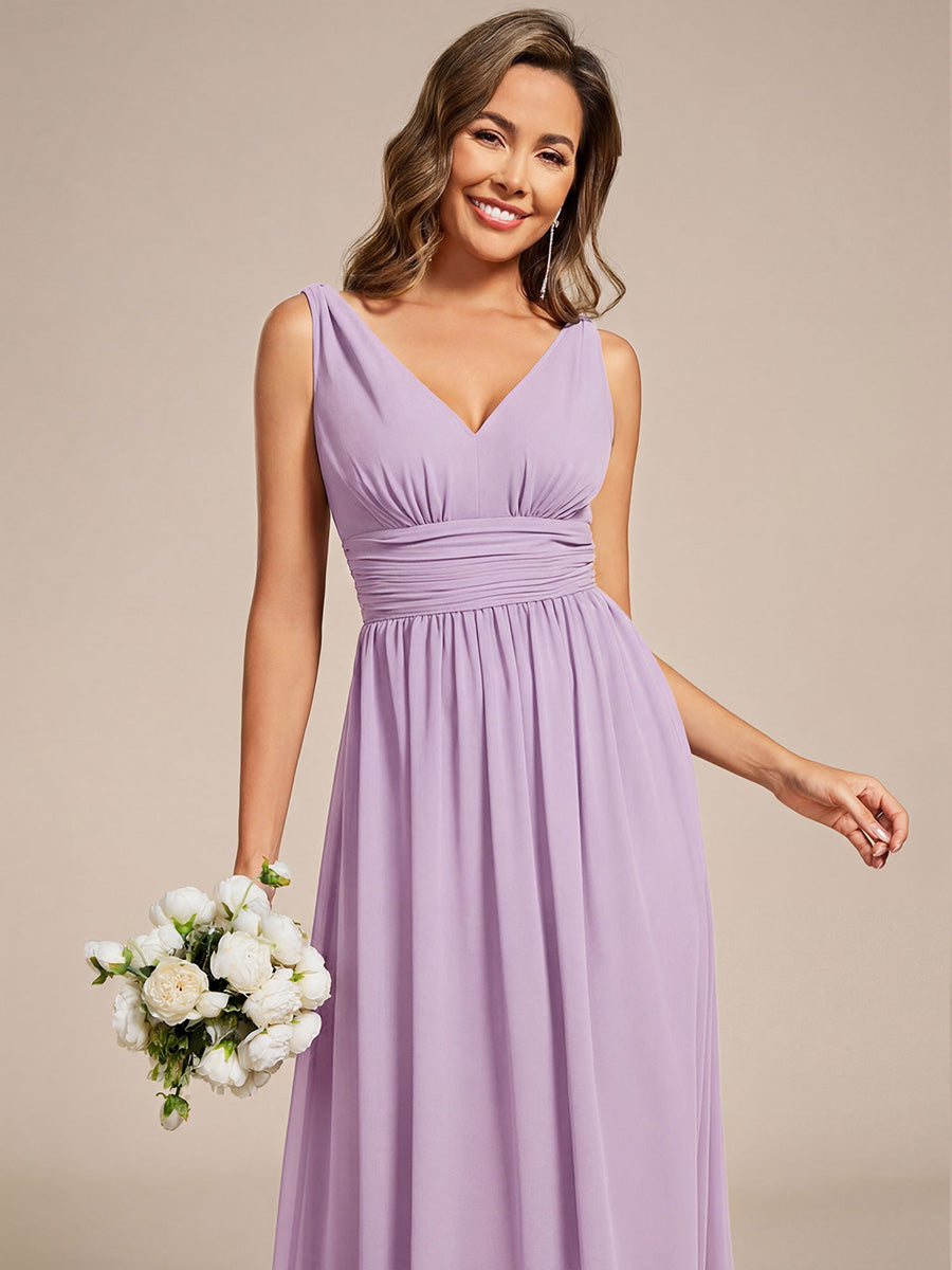 Chiffon Empire Waist Sleeveless Pleated V-neck Bridesmaid Dress #color_Frosted Lilac