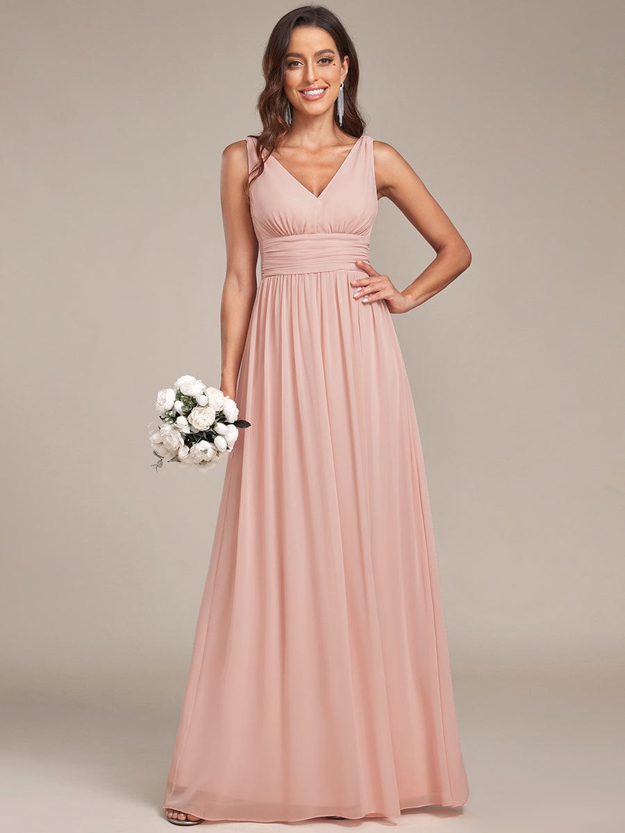Custom Size Pleated Sleeveless V-Neck Chiffon Maxi Dress #color_Pink