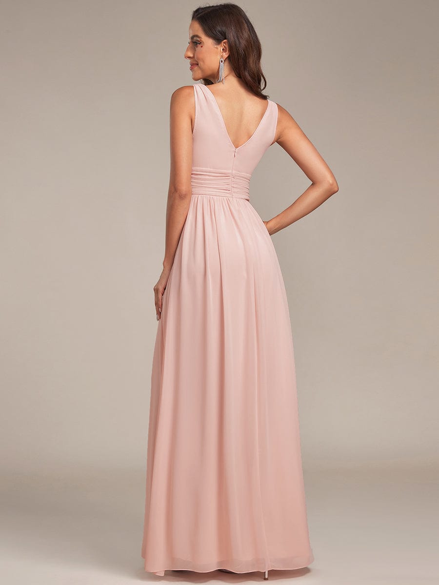 Pleated Sleeveless V-Neck Chiffon Maxi Dress #color_Pink