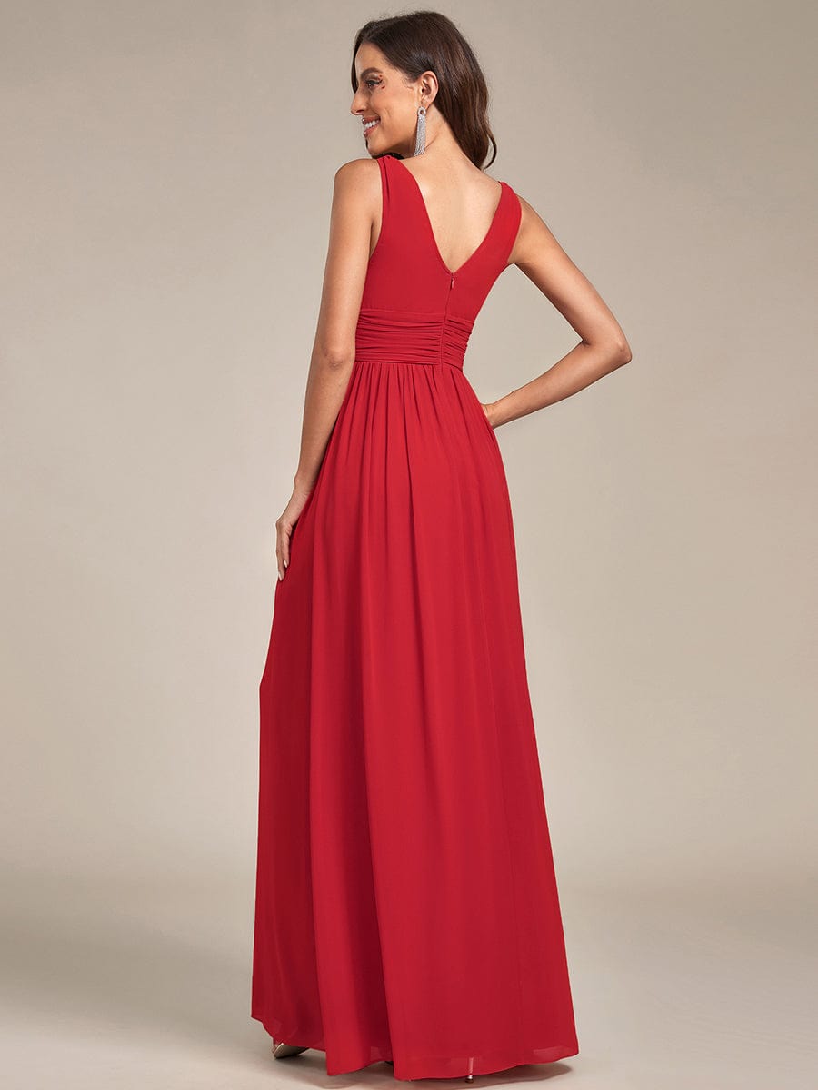Pleated Sleeveless V-Neck Chiffon Maxi Dress #color_Red