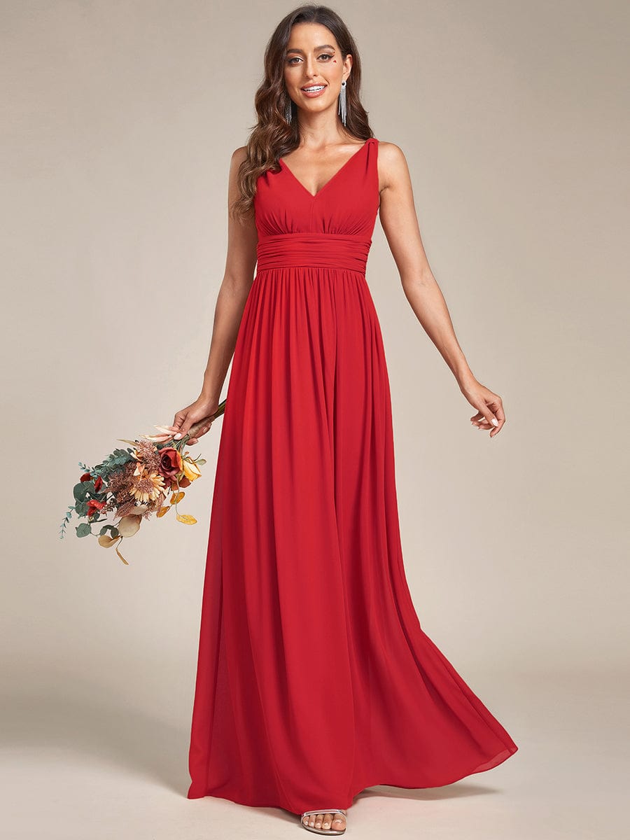Pleated Sleeveless V-Neck Chiffon Maxi Dress #color_Red