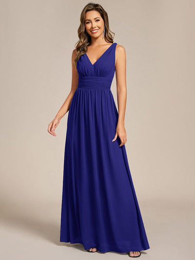 Chiffon Empire Waist Sleeveless Pleated V-neck Bridesmaid Dress #color_Sapphire Blue