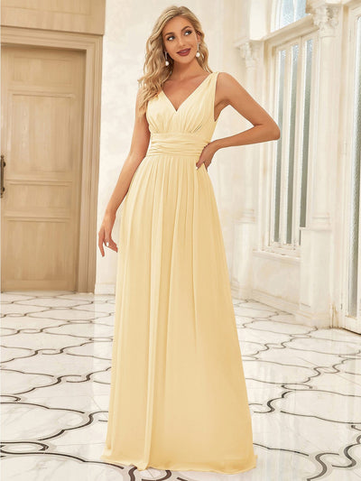 Chiffon Empire Waist Sleeveless Pleated V-neck Bridesmaid Dress #color_Yellow