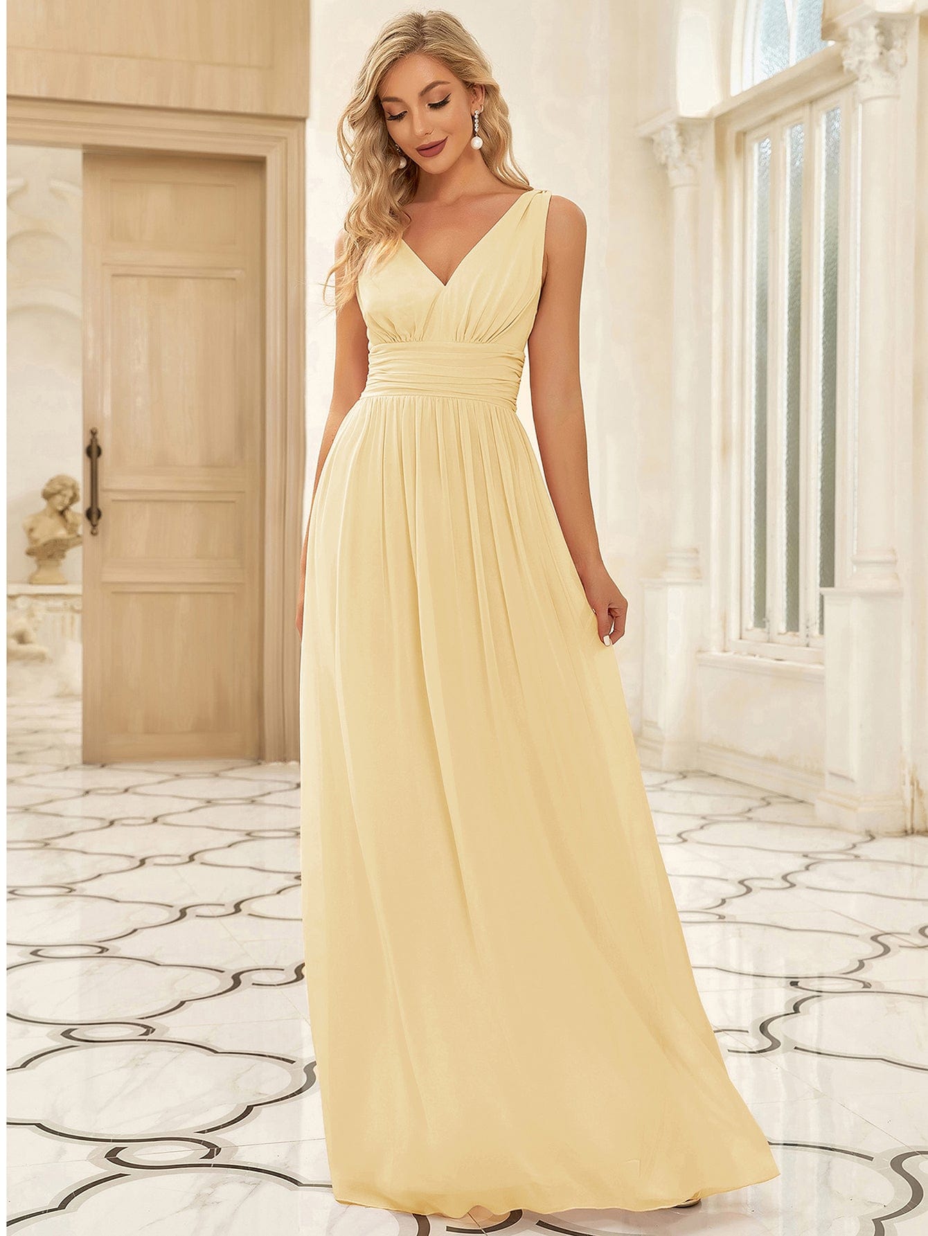 Chiffon Empire Waist Sleeveless Pleated V-neck Bridesmaid Dress #color_Yellow