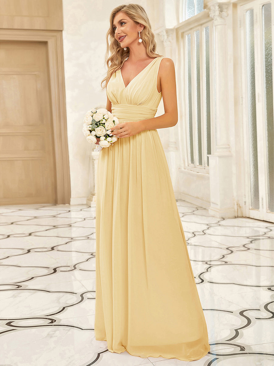 Chiffon Empire Waist Sleeveless Pleated V-neck Bridesmaid Dress #color_Yellow