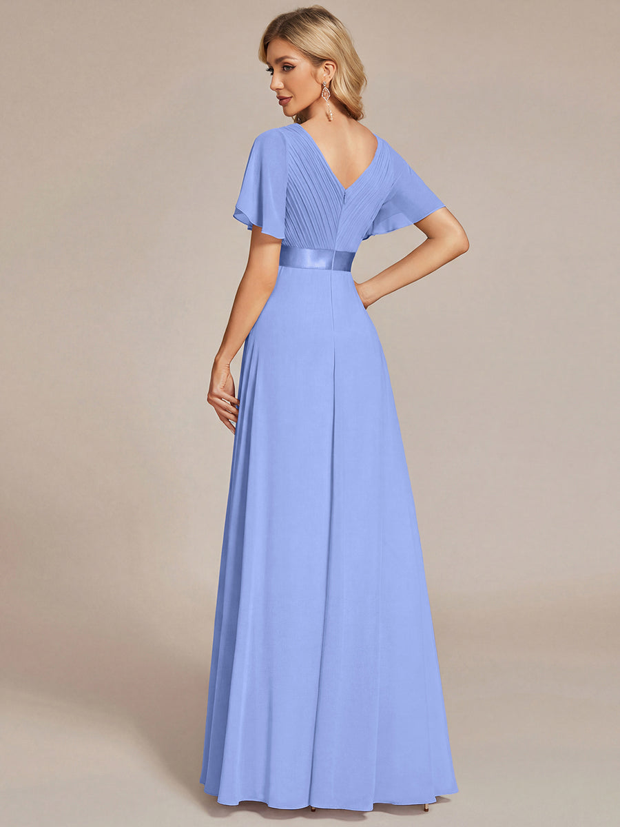 Long Empire Waist Evening Dress with Short Flutter Sleeves #color_CornflowerBlue