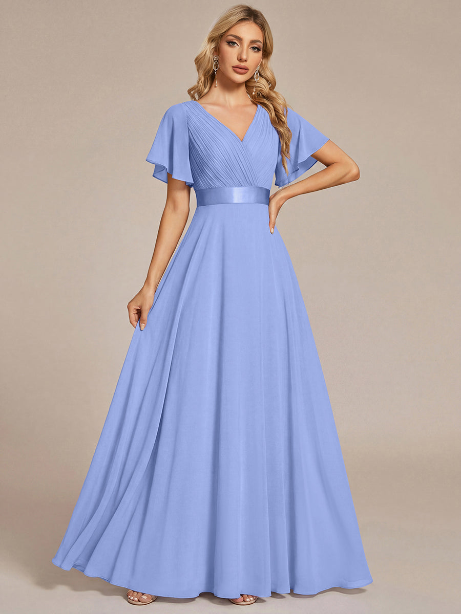 Long Empire Waist Evening Dress with Short Flutter Sleeves #color_CornflowerBlue