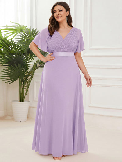 pretty MONICA|Plus Size Empire Waist V Back Bridesmaid Dress with Short Sleeves