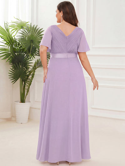 Plus Size Long Empire Waist Evening Dress With Short Flutter Sleeves #color_Frosted Lilac