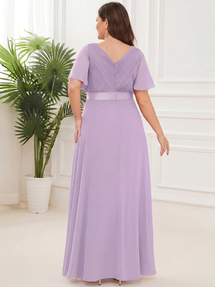 Plus Size Long Empire Waist Evening Dress With Short Flutter Sleeves #color_Frosted Lilac