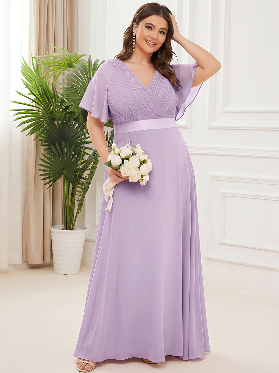 Plus Size Long Empire Waist Evening Dress With Short Flutter Sleeves #color_Frosted Lilac