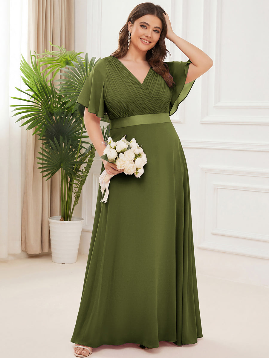 Long Empire Waist Evening Dress with Short Flutter Sleeves #color_Olive Green