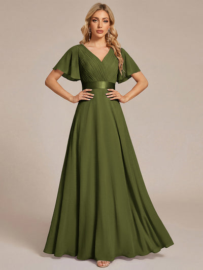 ever MONICA|Long Empire Waist Bridesmaid Dress with Short Flutter Sleeves