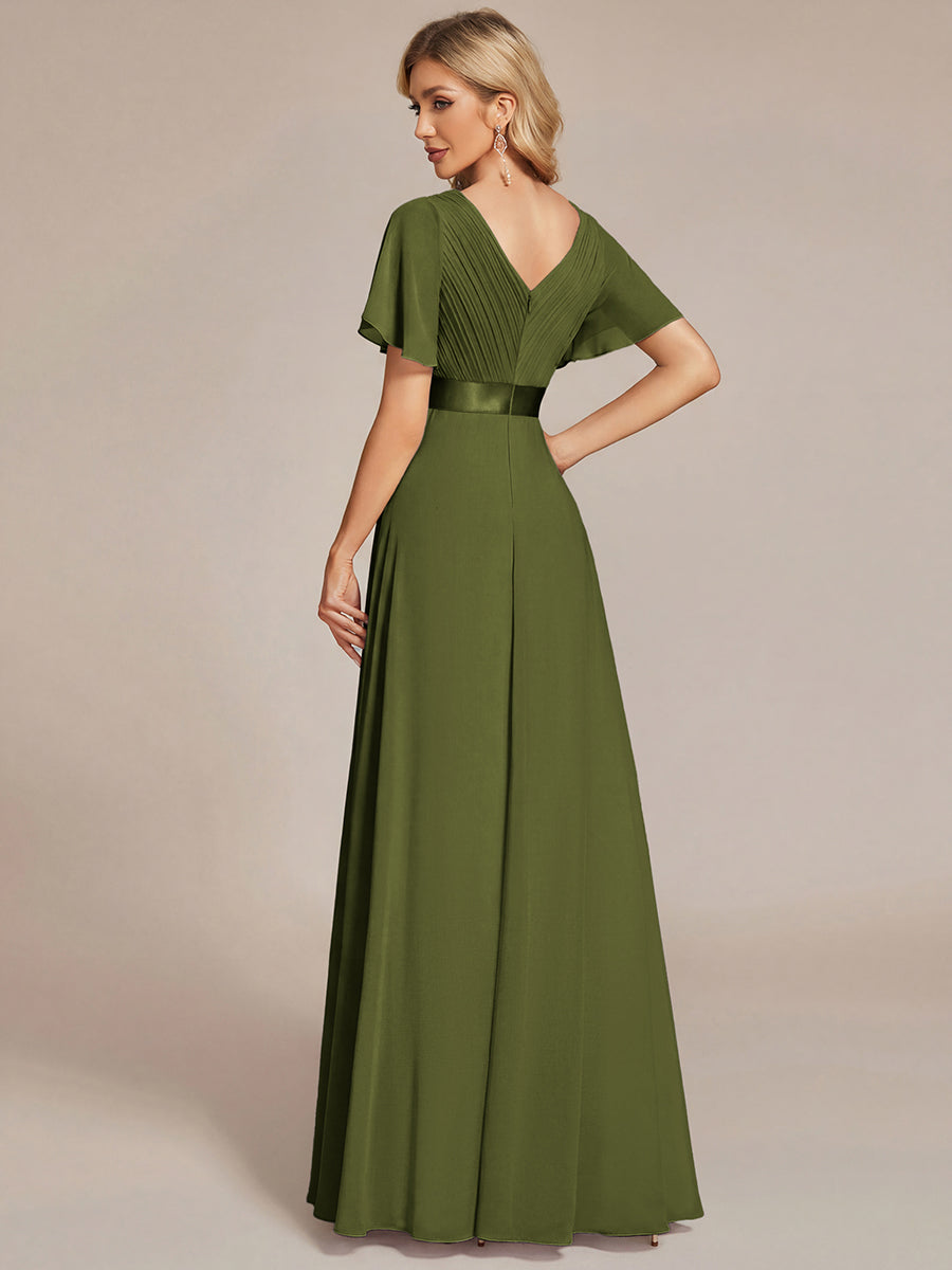 Long Empire Waist Evening Dress with Short Flutter Sleeves #color_Olive Green