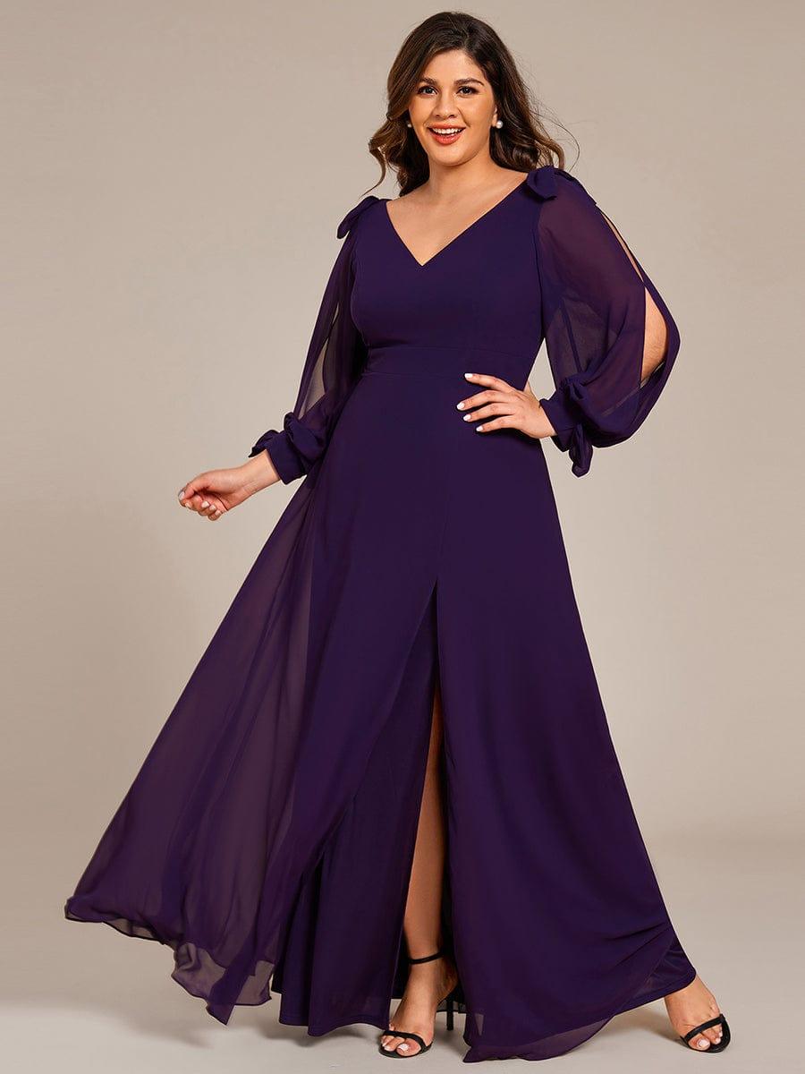 Plus Size Open Lantern Sleeve A-Line Bridesmaid Dress #color_Dark Purple