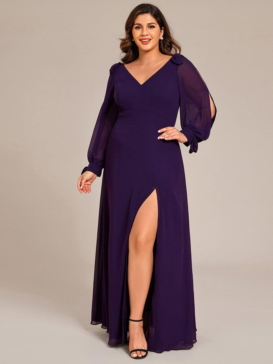 Plus Size Open Lantern Sleeve A-Line Bridesmaid Dress #color_Dark Purple