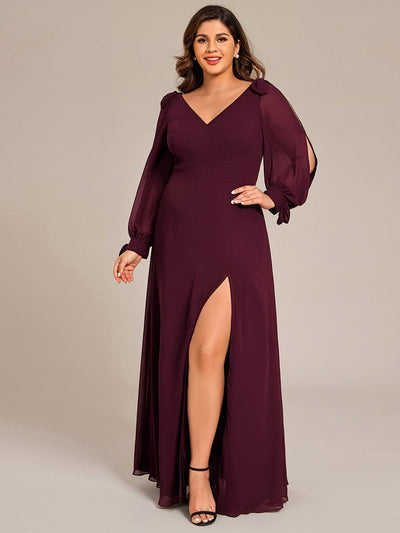 Plus Size Open Lantern Sleeve A-Line Bridesmaid Dress #color_Mulberry