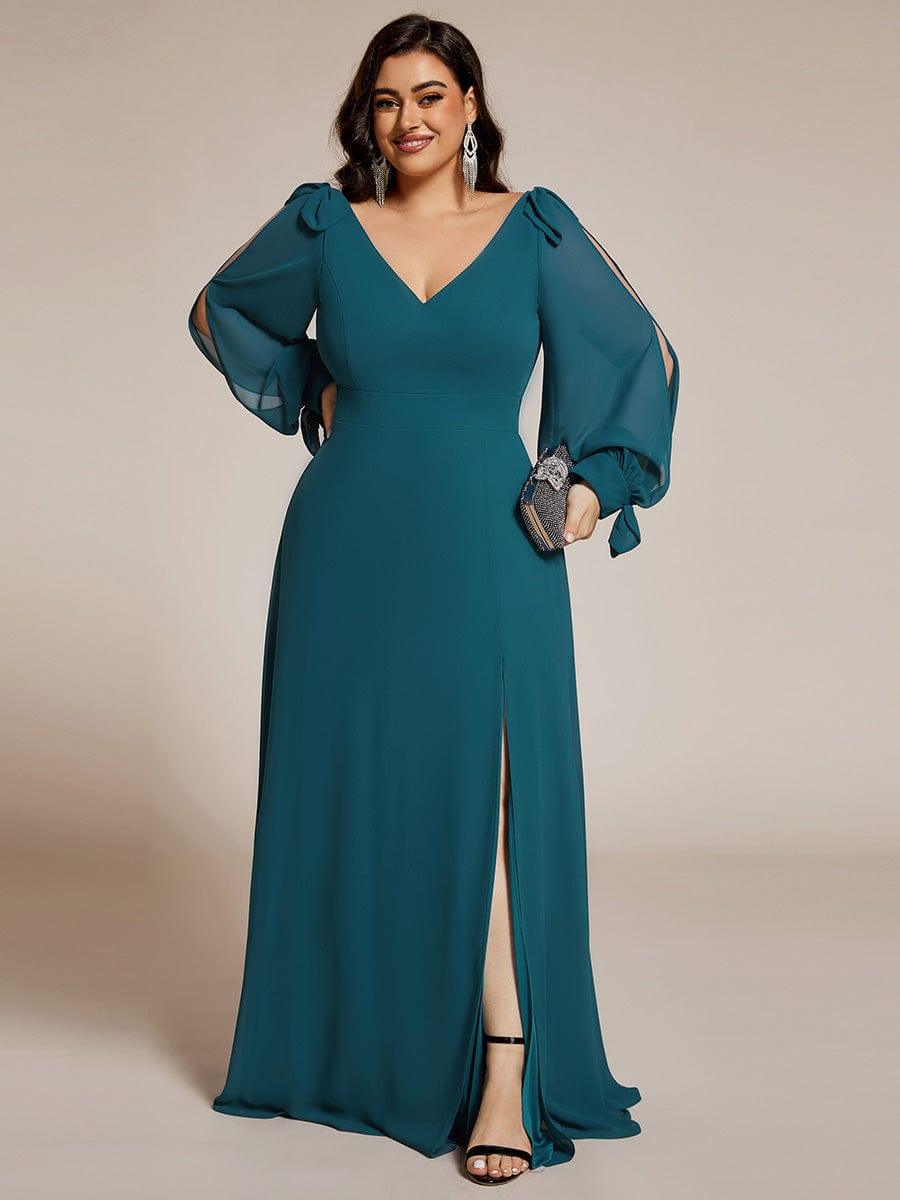 Plus Size Open Lantern Sleeve A-Line Bridesmaid Dress #color_Teal