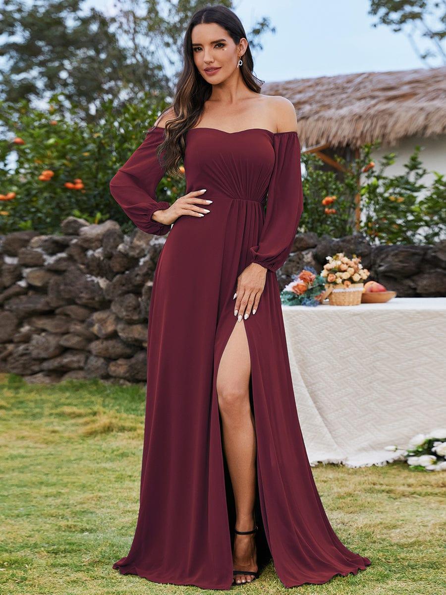 High-Slit Chiffon Plus Size Bridesmaid Dress with Long Sleeves and Waist Pleating