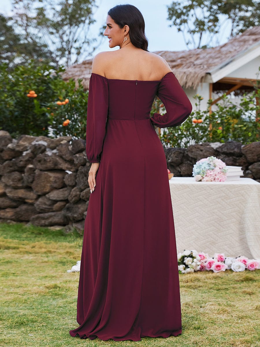 High-Slit Waist Pleated Off Shoulder Chiffon Bridesmaid Dress with Long Sleeves #color_Burgundy