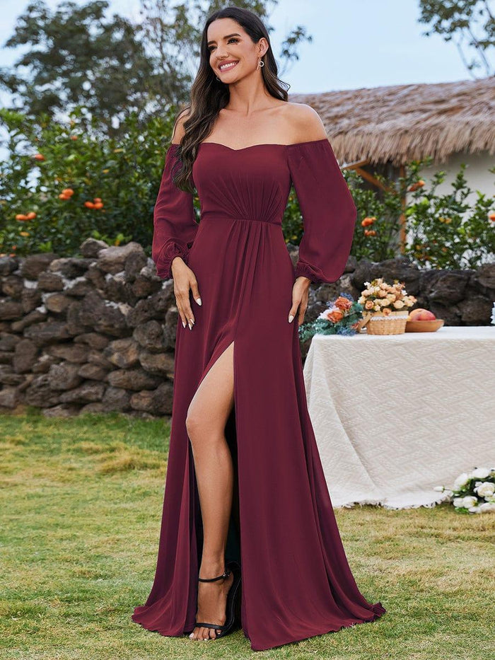 Chiffon Strapless Pleated High Slit A Line Bridesmaid Dresses with Scarf