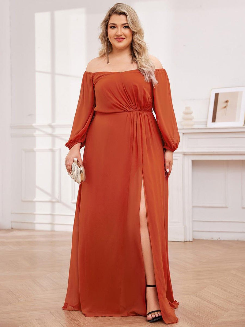 Pleated Bodice Chiffon Long Dresses with Slit Blue Plus Size
