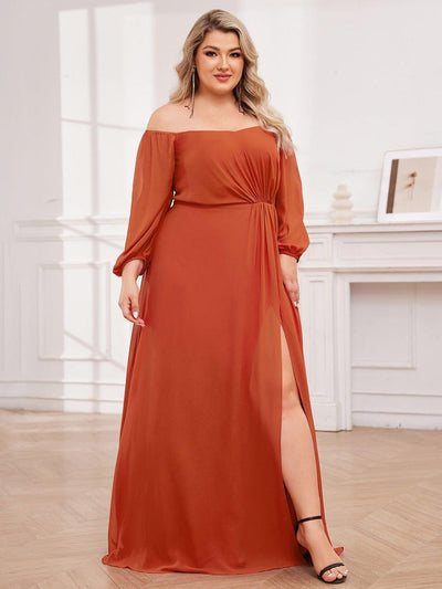 Plus Size High-Slit Waist Pleated Bridesmaid Dress with Long Sleeves #color_Burnt Orange