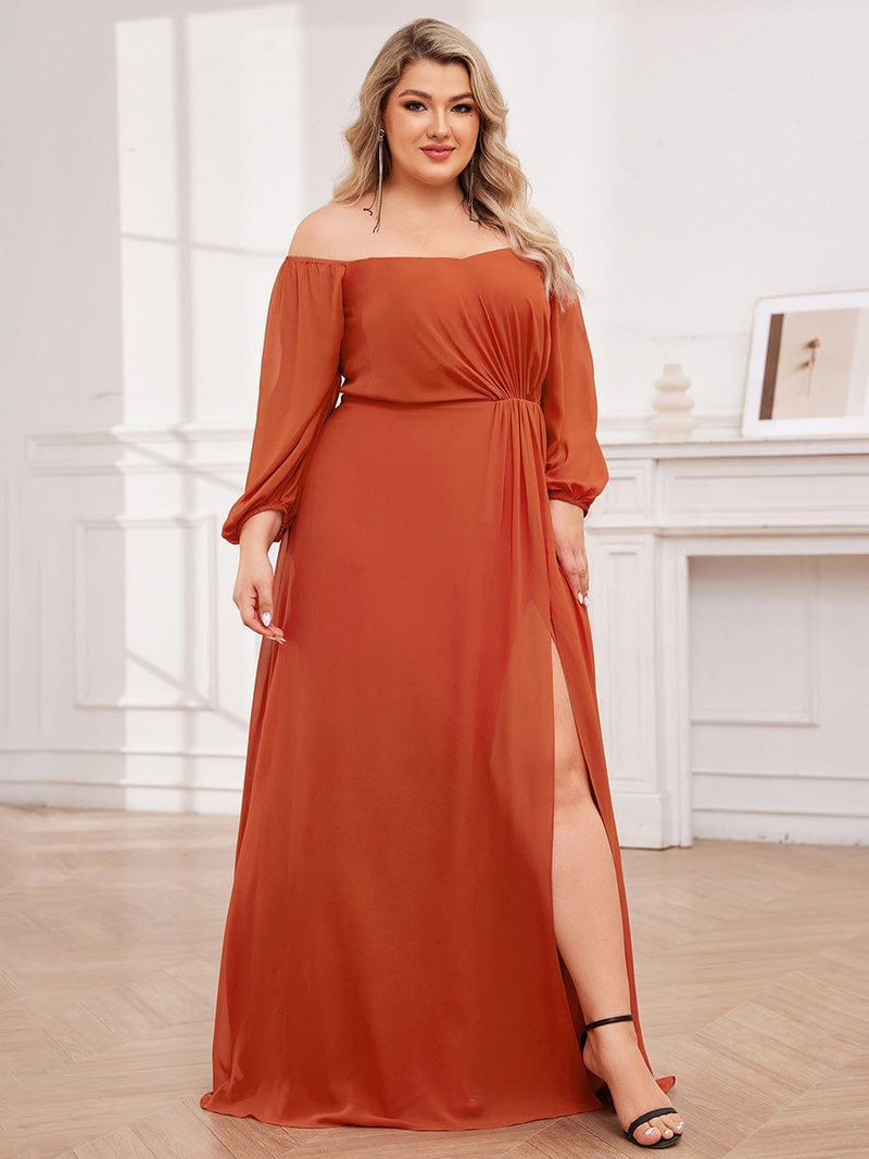 Pleated Bodice Chiffon Long Dresses with Slit Flamingo Plus Size