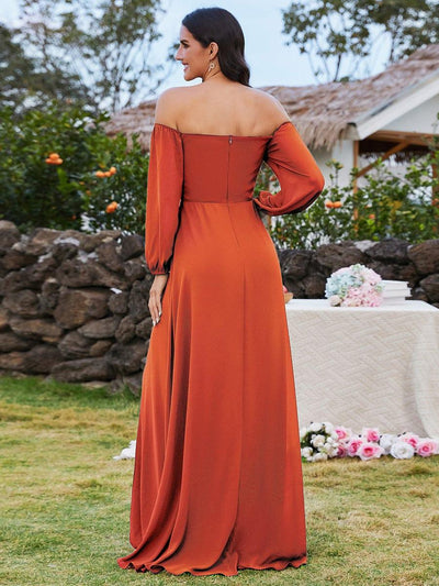 High-Slit Waist Pleated Off Shoulder Chiffon Bridesmaid Dress with Long Sleeves #color_Burnt Orange