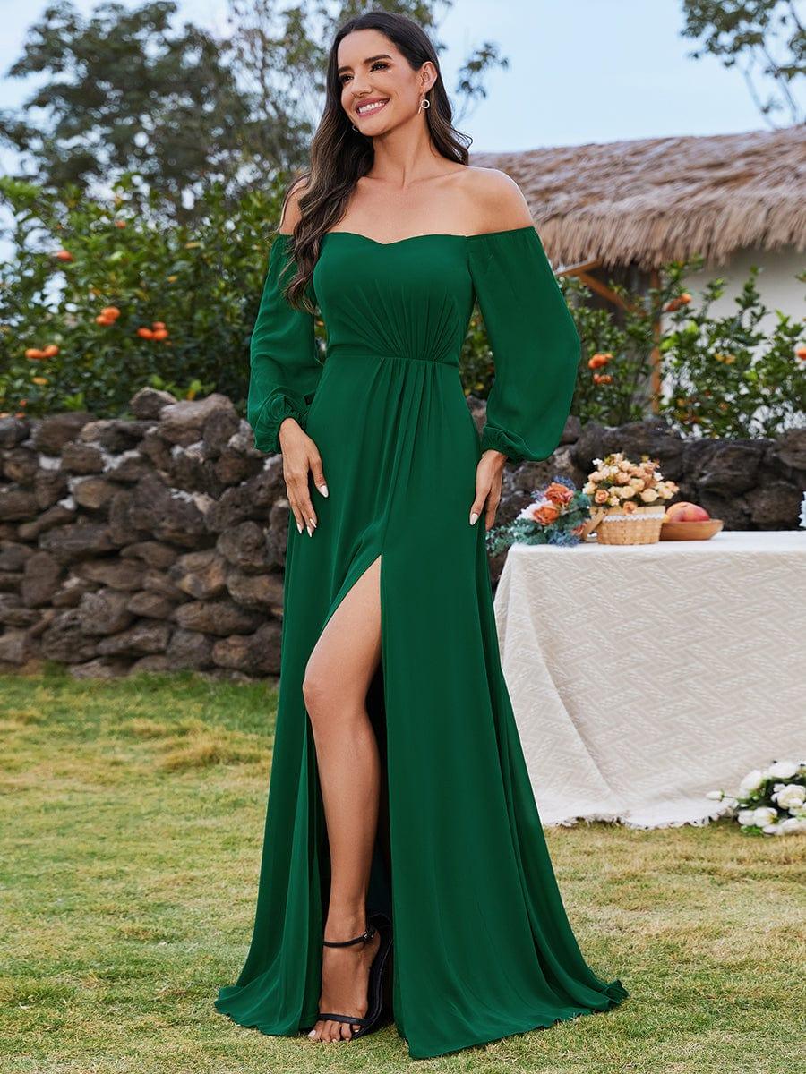 High-Slit Chiffon Plus Size Bridesmaid Dress with Long Sleeves and Waist Pleating