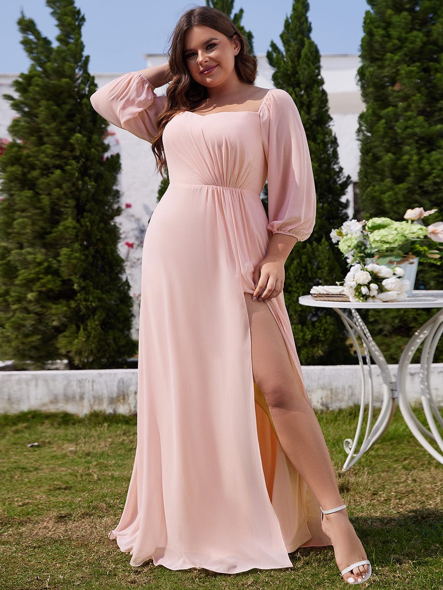 Plus Size High-Slit Waist Pleated Bridesmaid Dress with Long Sleeves #color_Pink