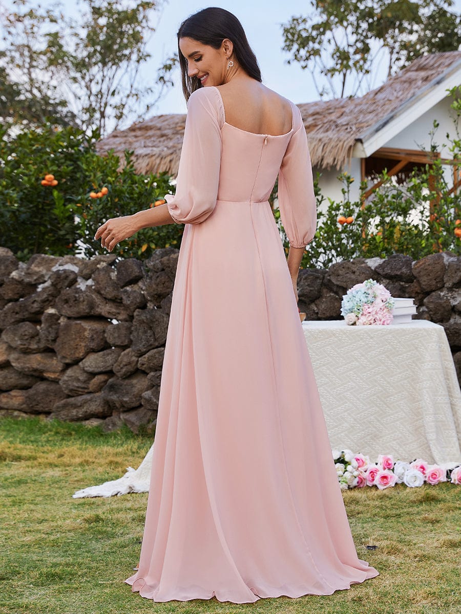 High-Slit Waist Pleated Off Shoulder Chiffon Bridesmaid Dress with Long Sleeves #color_Pink