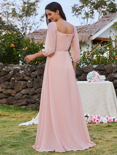 High-Slit Waist Pleated Off Shoulder Chiffon Bridesmaid Dress with Long Sleeves #color_Pink