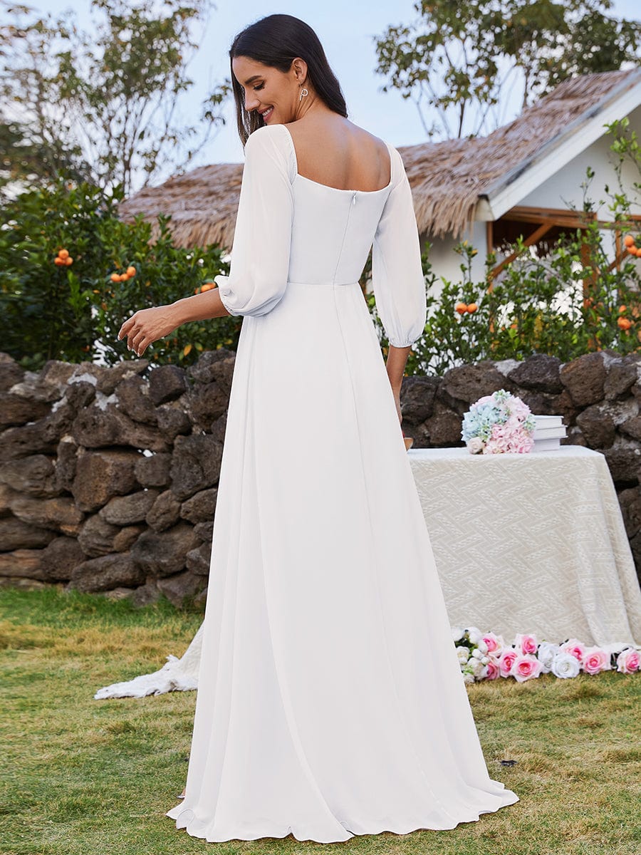 High-Slit Waist Pleated Off Shoulder Chiffon Bridesmaid Dress with Long Sleeves #color_White