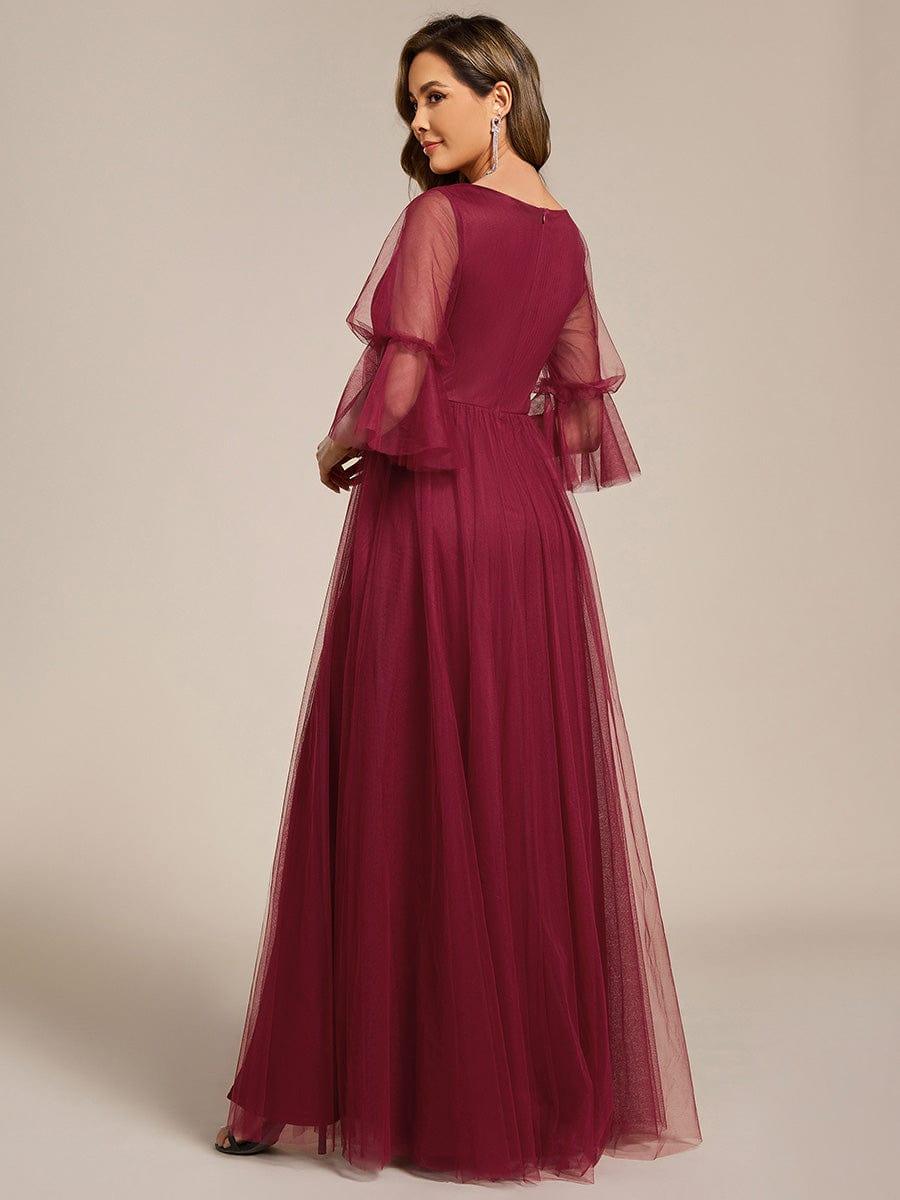 red bridesmaid dresses with sleeves Lantern Long Sleeve Split Tulle Maxi Dress off shoulder a line SwatchStyle:HollyRoseDress Custom Add On:Romper & Headband Floor Length Fully lined