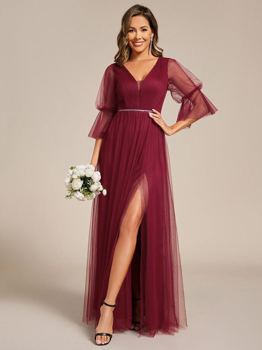three quarter length bridesmaid dresses Lantern Long Sleeve Split Tulle Maxi Dress 3/4 Sleeves Afforable Bridal Separates Dolce & Gabbana Abito Color:Color4