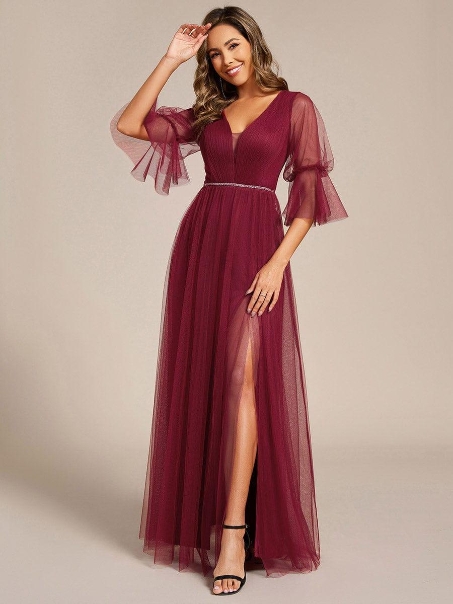 bridesmaid dresses 3 4 length Lantern Long Sleeve Split Tulle Maxi Dress Cicinia Maya Lace/Chiffon A Sleeve Length_Cap ASHLEYlauren Beaded Illusion Halter size:5XL/UK24