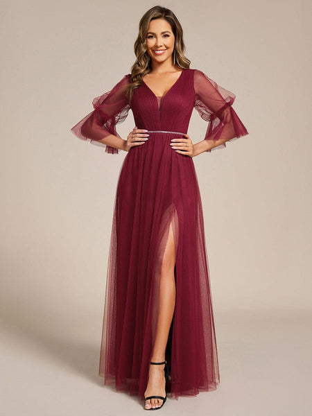 Ever-Pretty Lantern 3/4 Sleeve Split Tulle Maxi Bridesmaid Dress