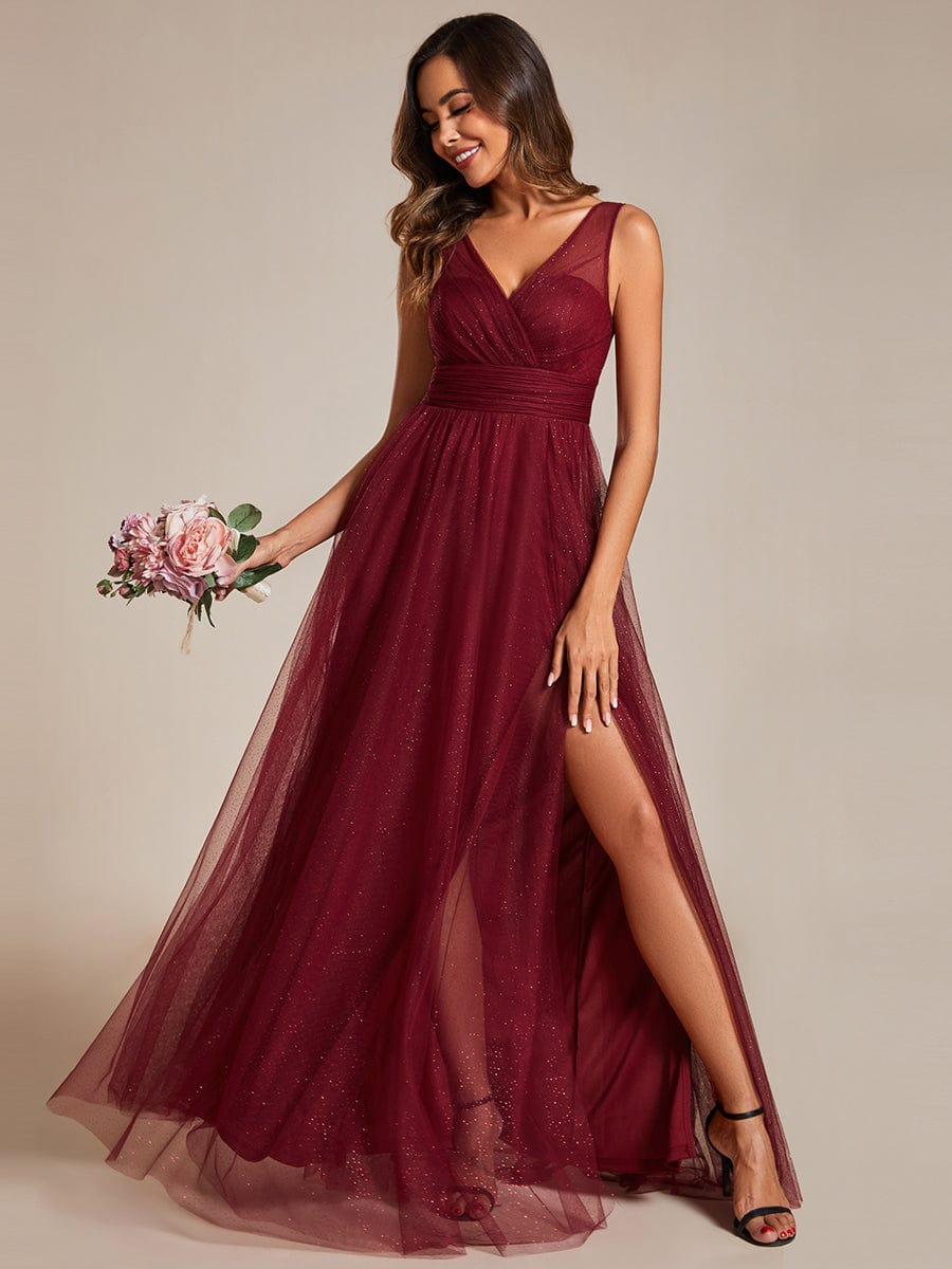 Glittering High Slit Sleeveless Bridesmaid Dress with Empire Waist #color_Burgundy