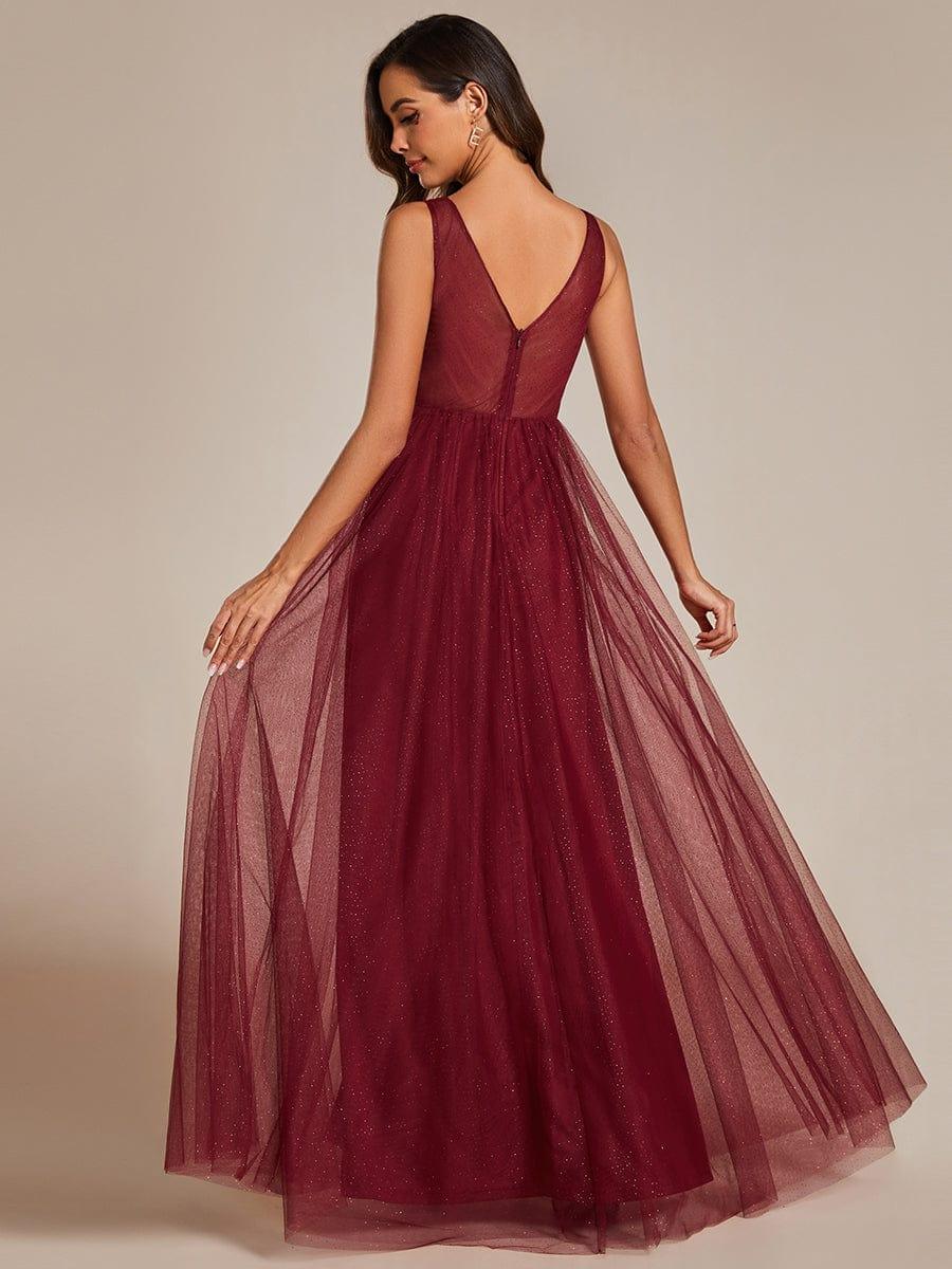 Glittering High Slit Sleeveless Bridesmaid Dress with Empire Waist #color_Burgundy
