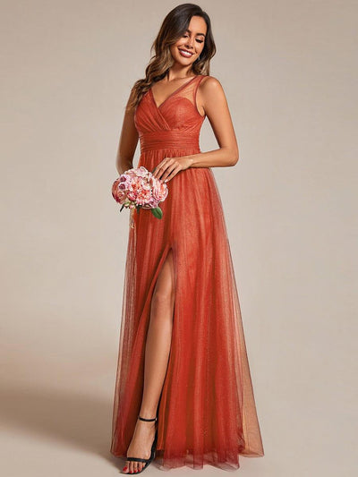 Glittering High Slit Sleeveless Bridesmaid Dress with Empire Waist #color_Burnt Orange