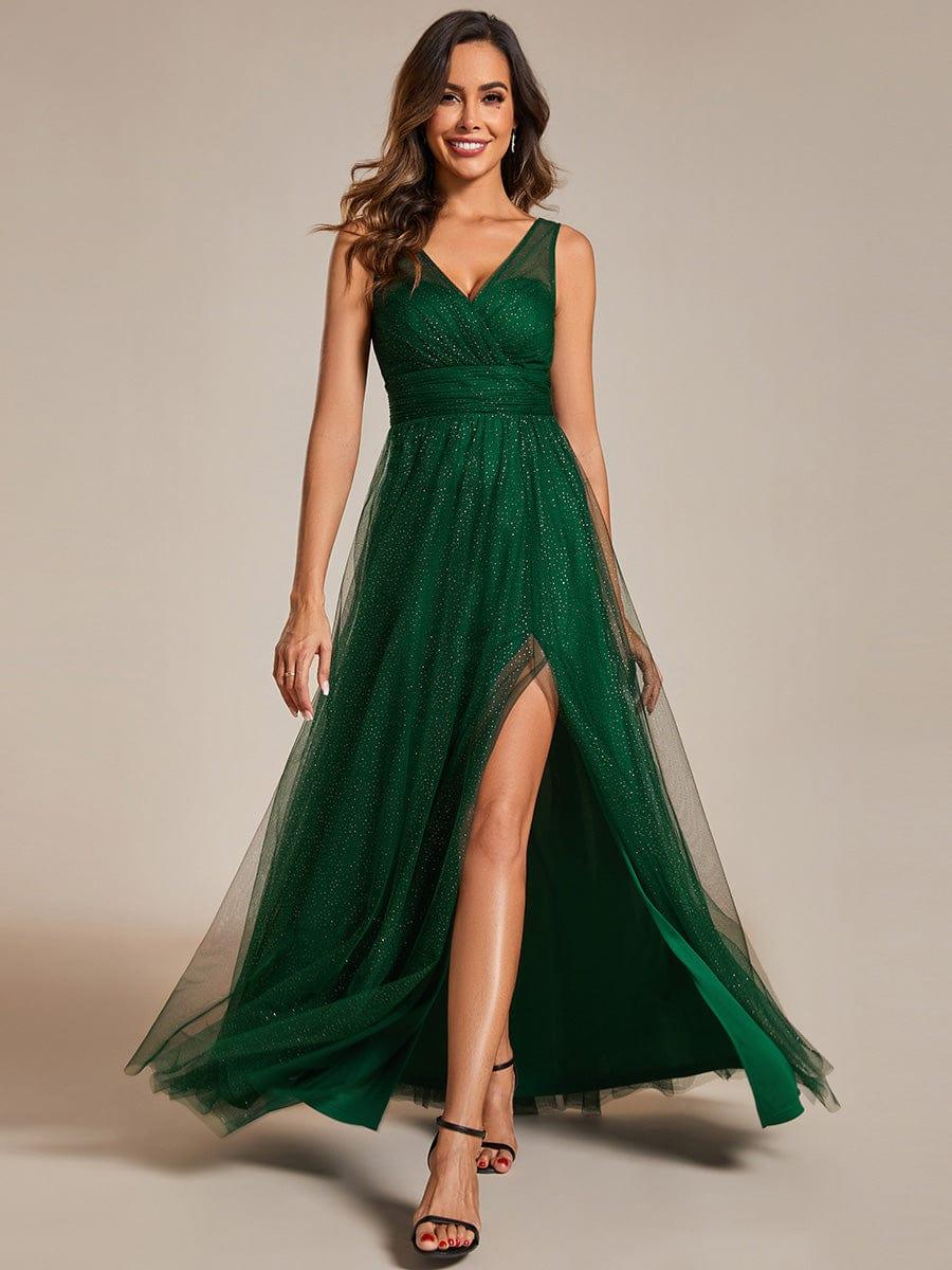 green emerald velvet dress Glittering Empire Waist Slit Tulle Bridesmaid Dress with V-Neck