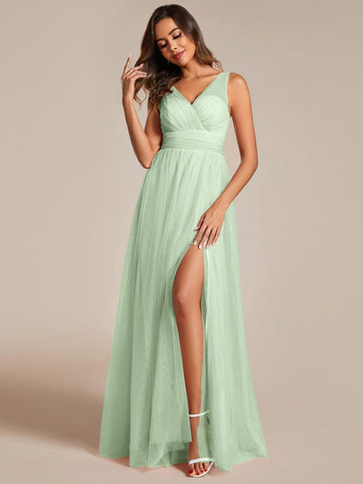 Glittering High Slit Sleeveless Bridesmaid Dress with Empire Waist #color_Mint Green