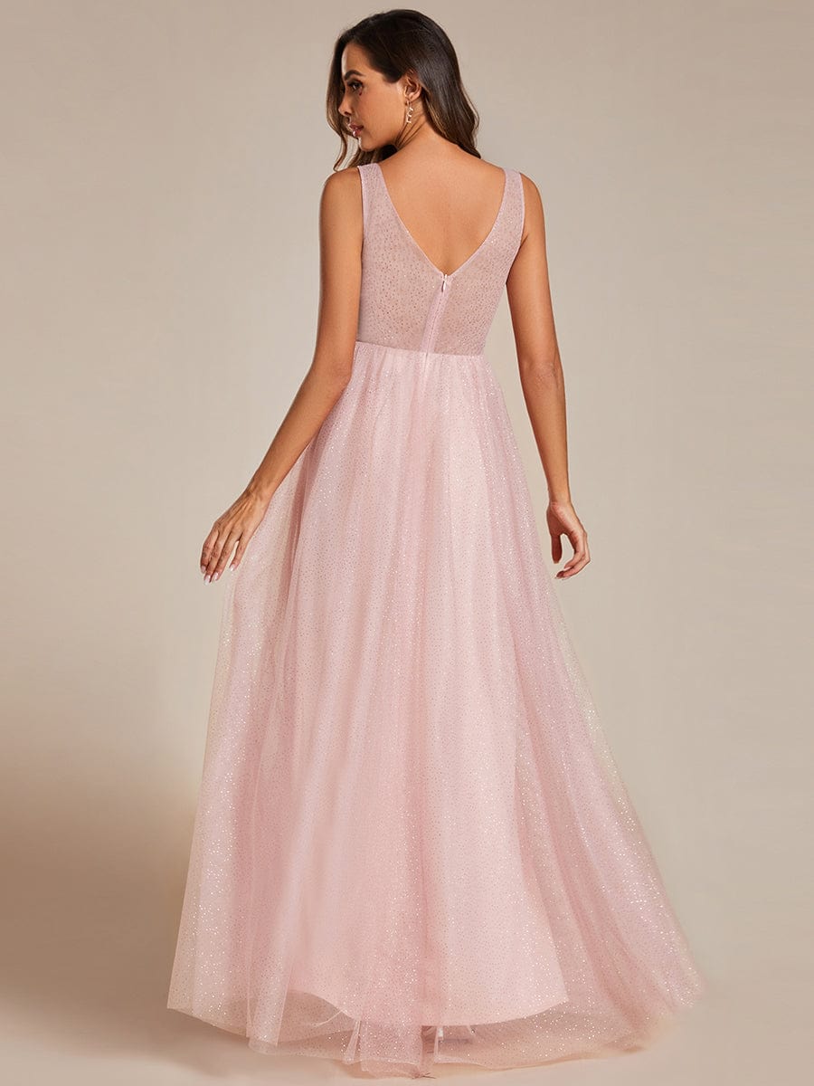Glittering High Slit Sleeveless Bridesmaid Dress with Empire Waist #color_Pink